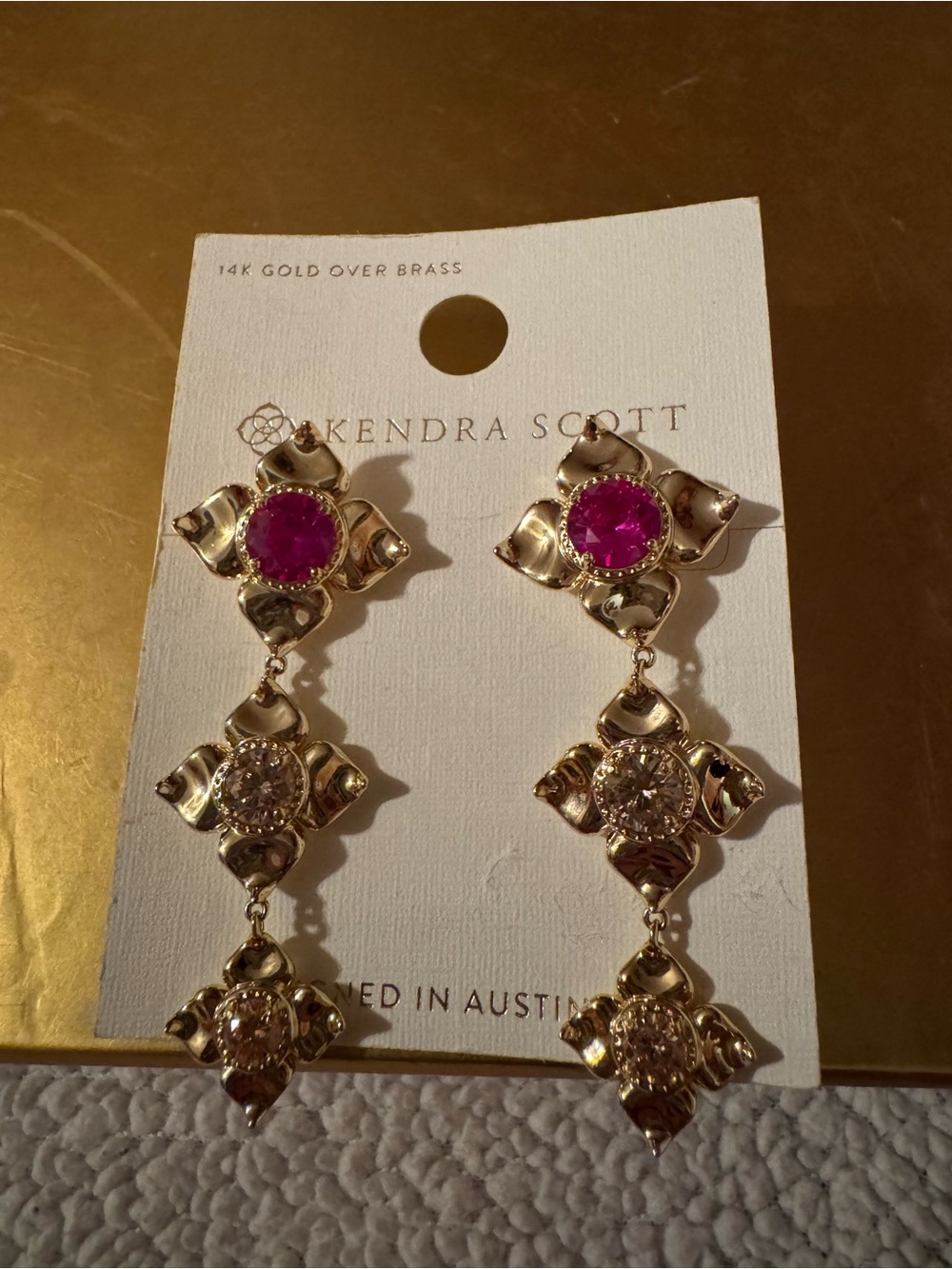 Kendra Scott Gold Drop Earrings with Pink and Clear Stones C3
